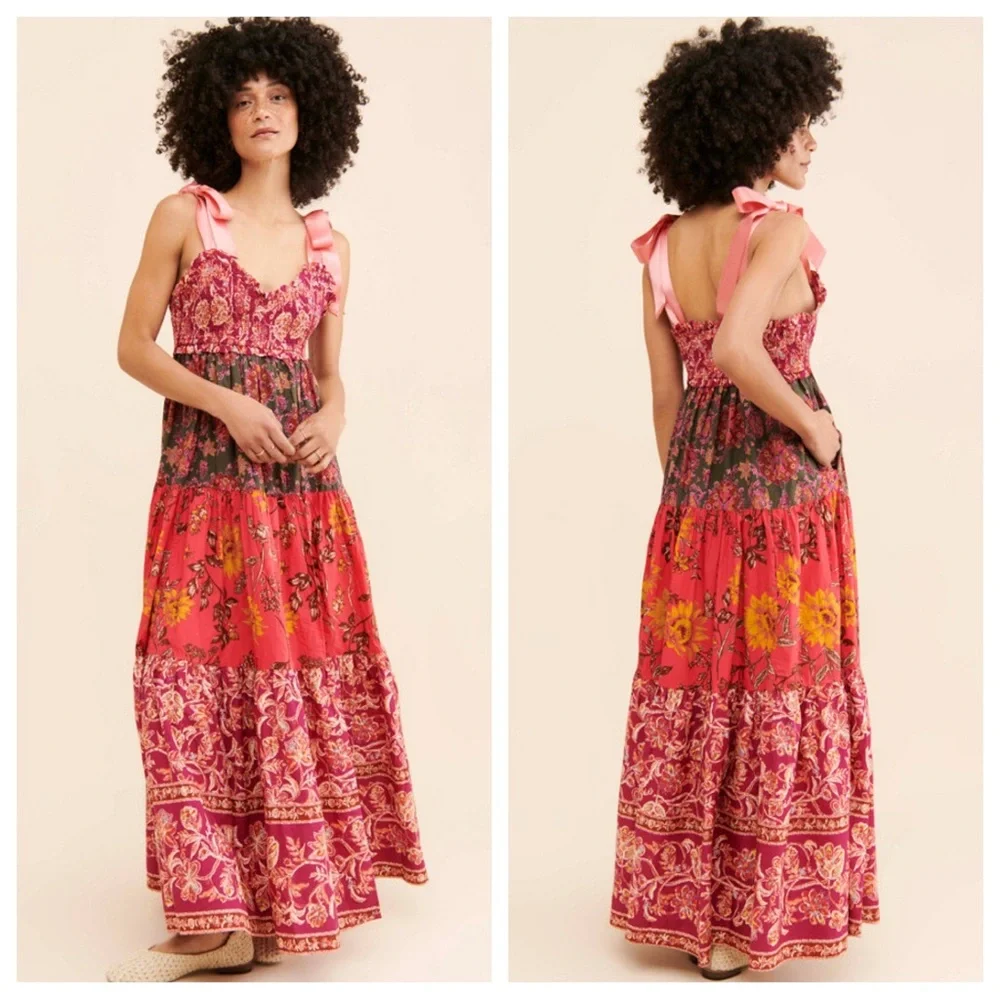 Free People Bluebell Tiered Maxi Dress in Pink Multi